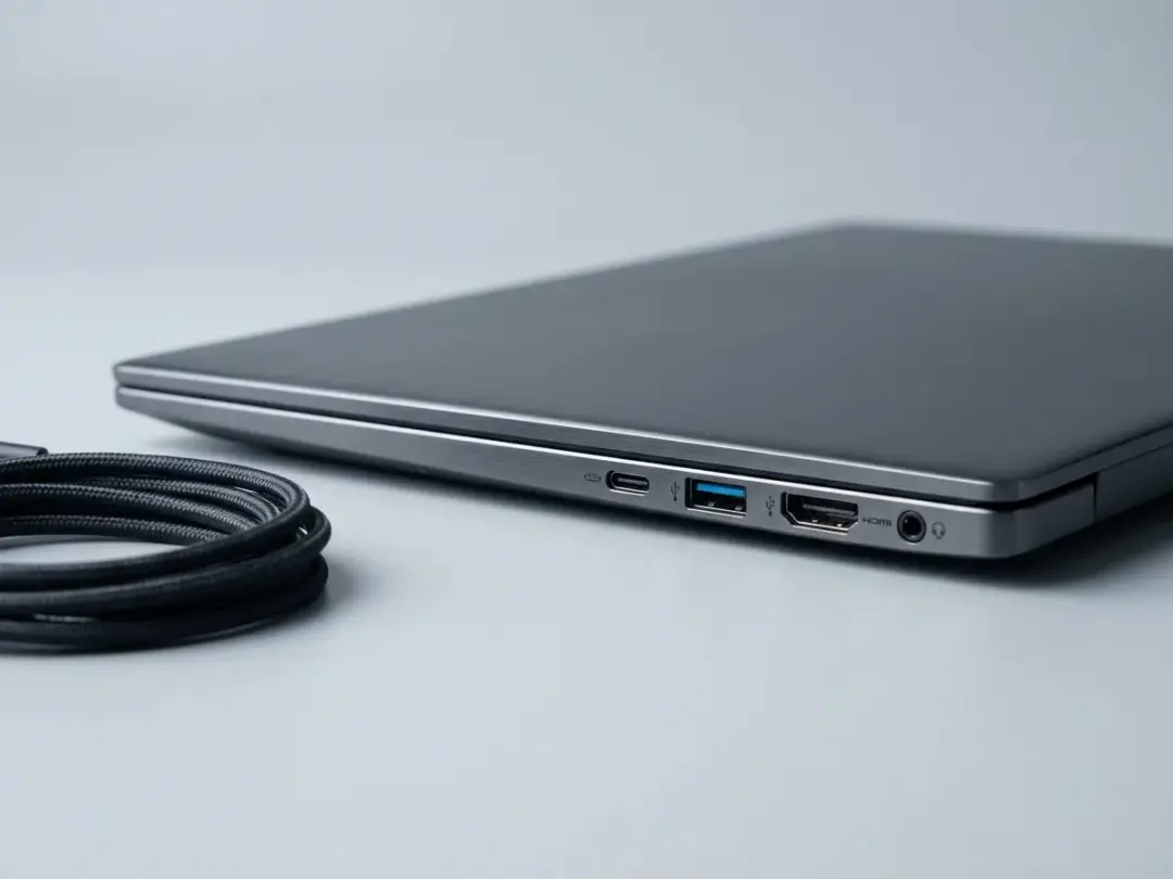 Laptop închis văzut din lateral, cu porturile vizibile și încărcătorul alături